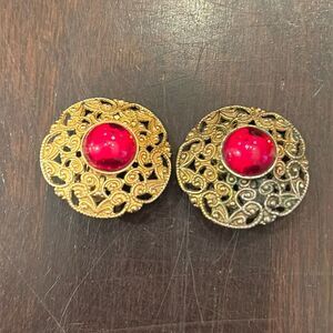 Vintage scrolled gold with red center clip earrings